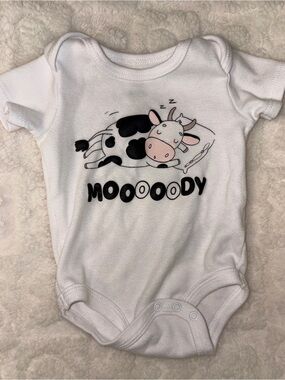 White 'Moooody' Cow Graphic Baby One-Piece